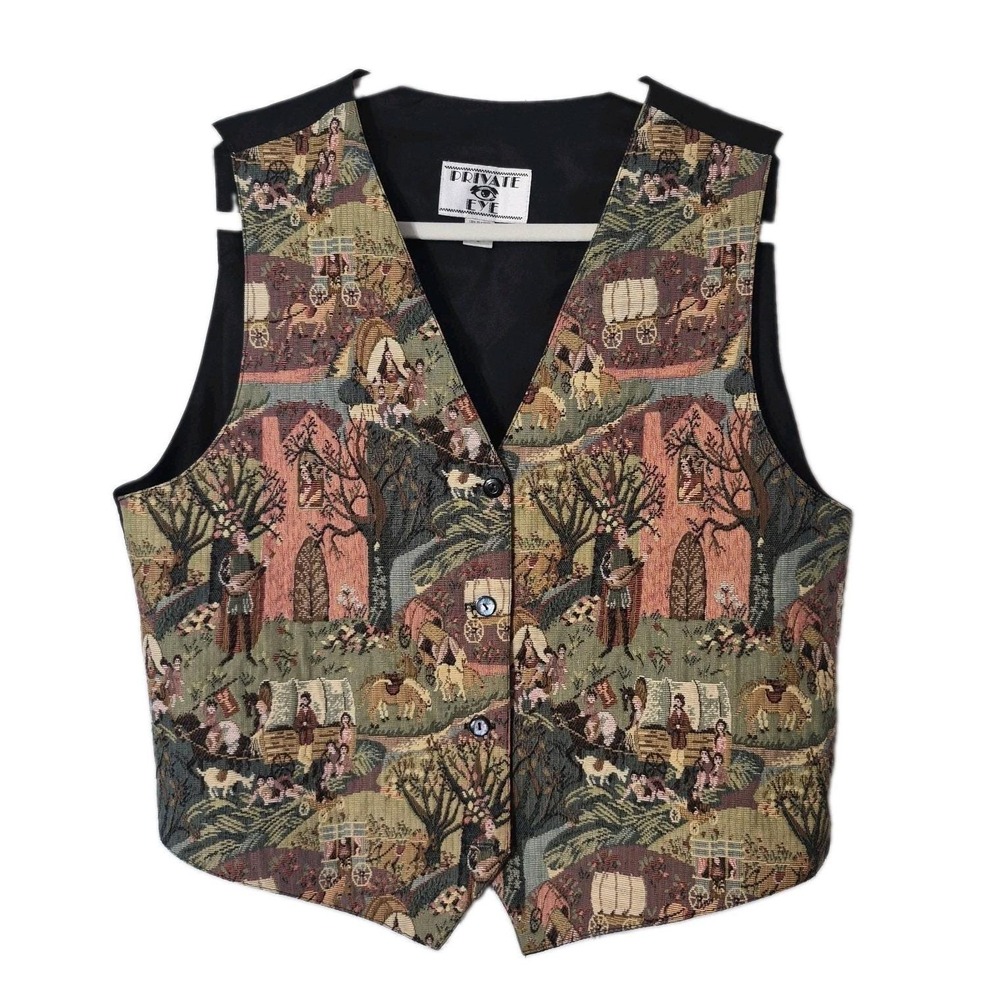Vintage 90s Private Eye Western Tapestry Vest Covered Wagon Horse Scene Large
